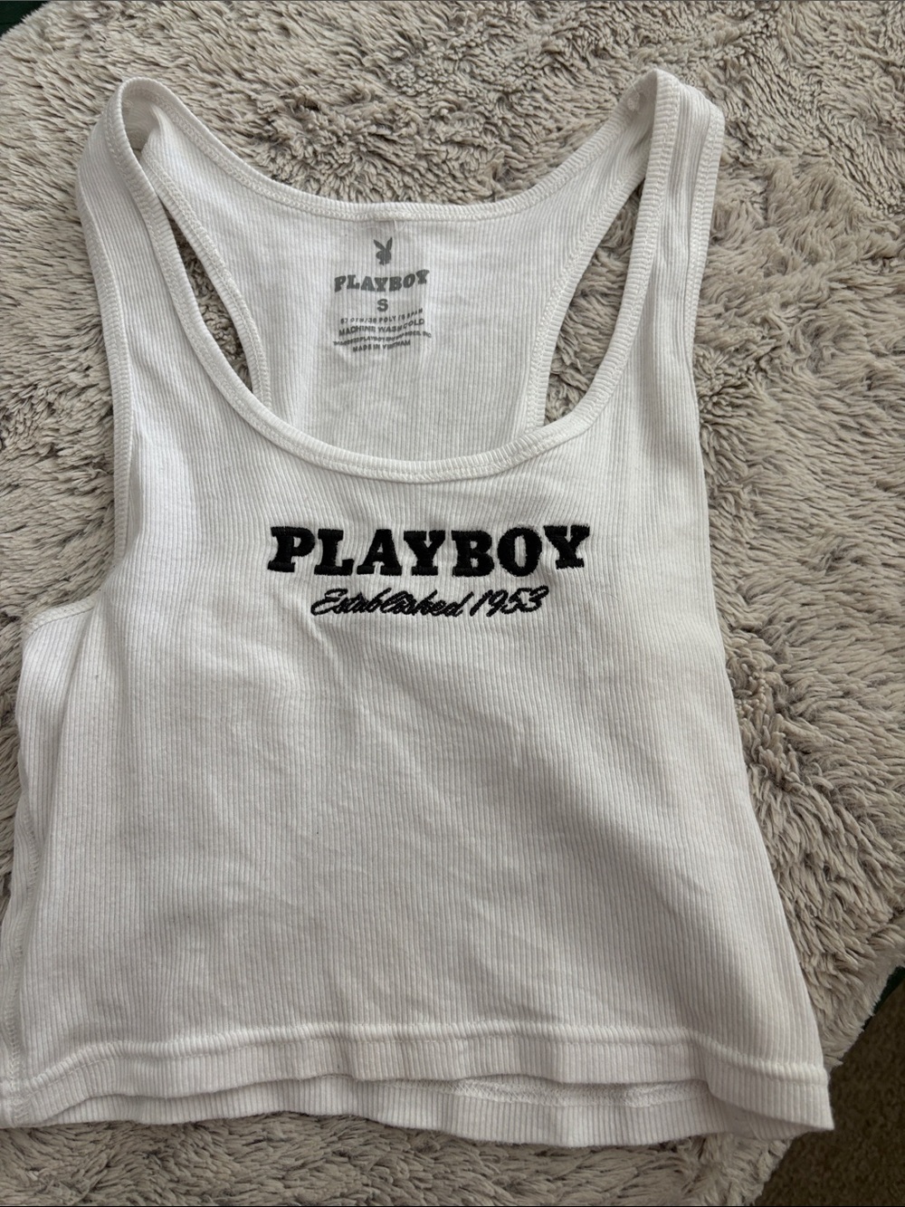 PLAYBOY White Ribbed Tank with Black Logo